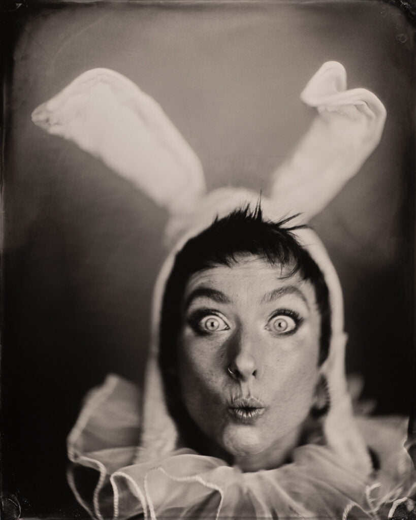 Tintype portrait of a girl with rabbit ears. Guy Bellingham Photography.